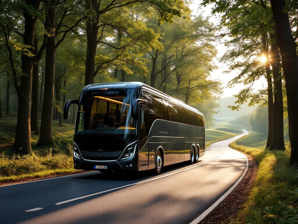Moderne touringcar rijdt door bosrijk landschap in Gelderland met zonlicht door boomkronen