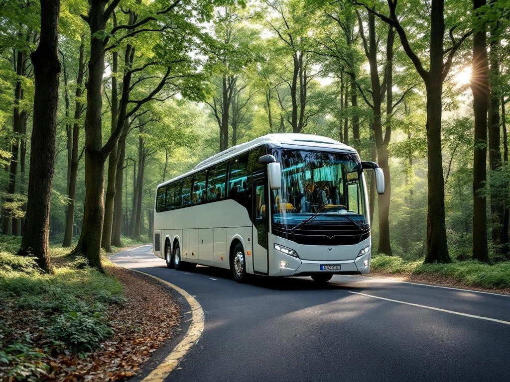 Grote moderne touringcar met panoramaramen rijdt door dicht Nederlands bos met dennenbomen en eiken