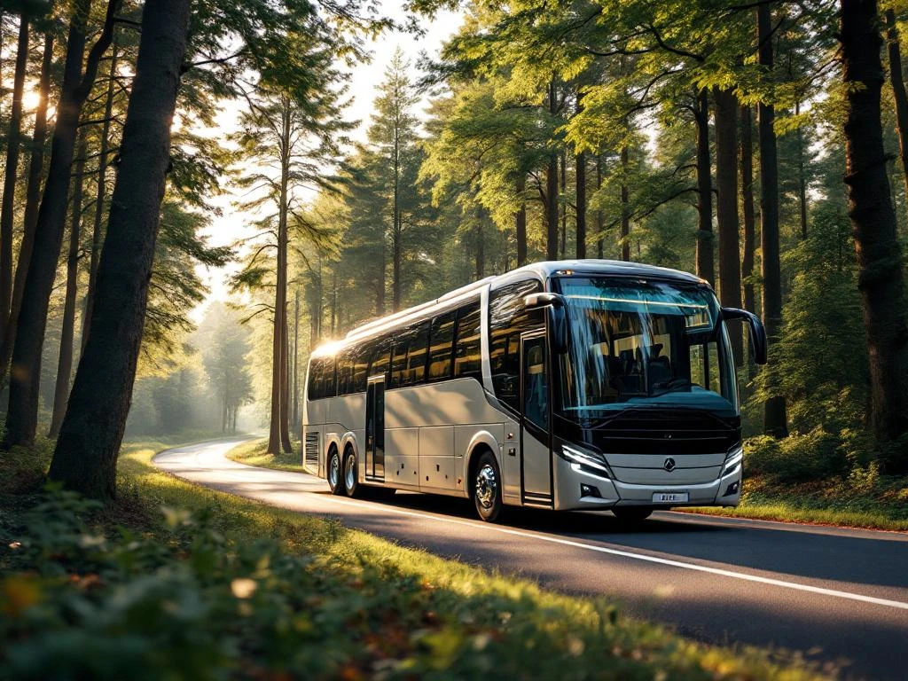 Moderne touringcar rijdt door bochtige bosweg met hoge bomen en gefilterd zonlicht in Nederlands bos