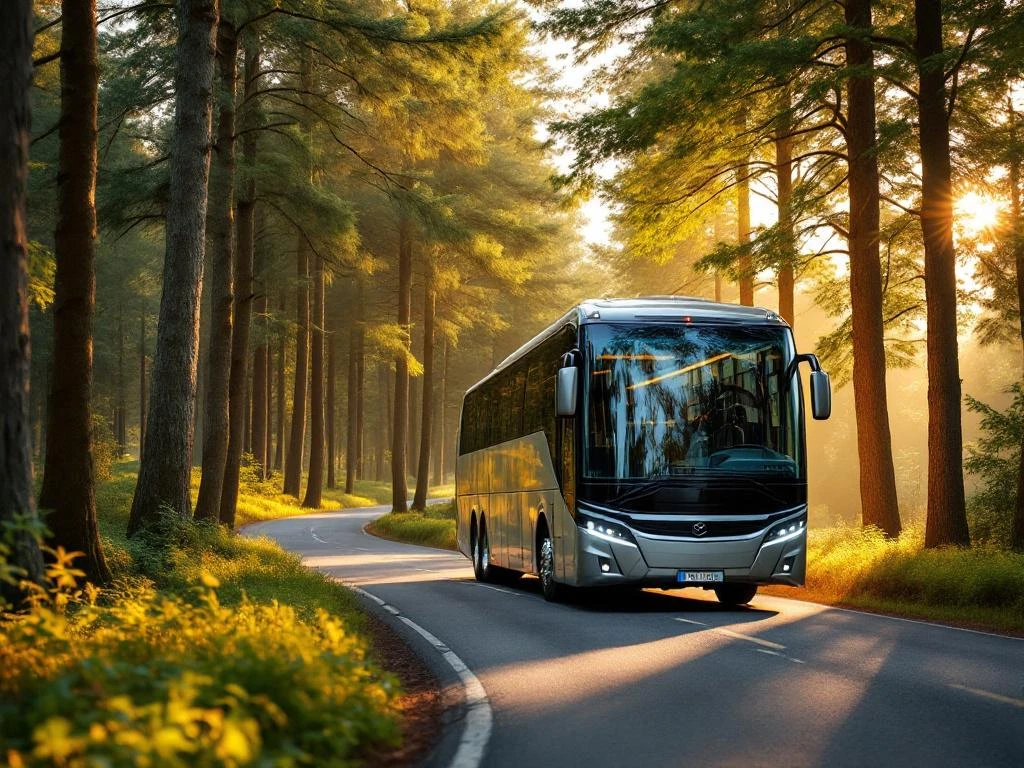 Grote moderne touringcar rijdt door bochtige bosweg in Nederlands landschap met hoge bomen en gefilterd zonlicht