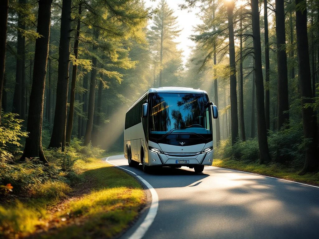 Moderne touringcar rijdt door Nederlands bos op kronkelende weg met zonlicht door groene bladeren