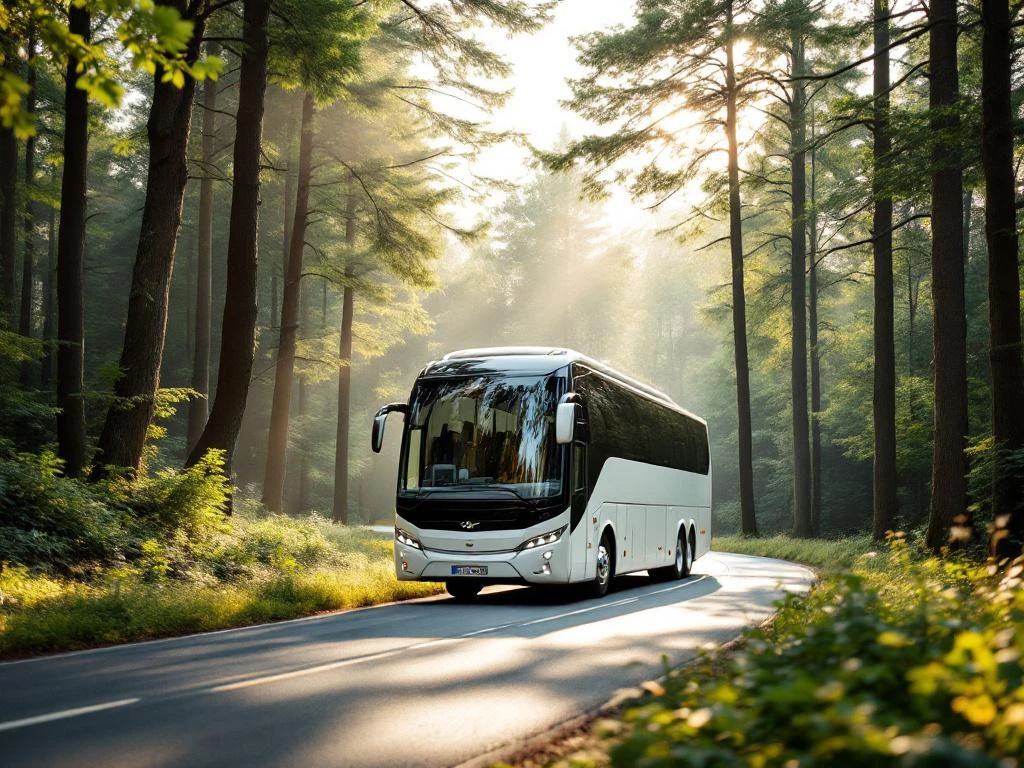 Witte touringcar rijdt door bochtige bosweg met dennenbomen en eikenbomen in Nederlands landschap