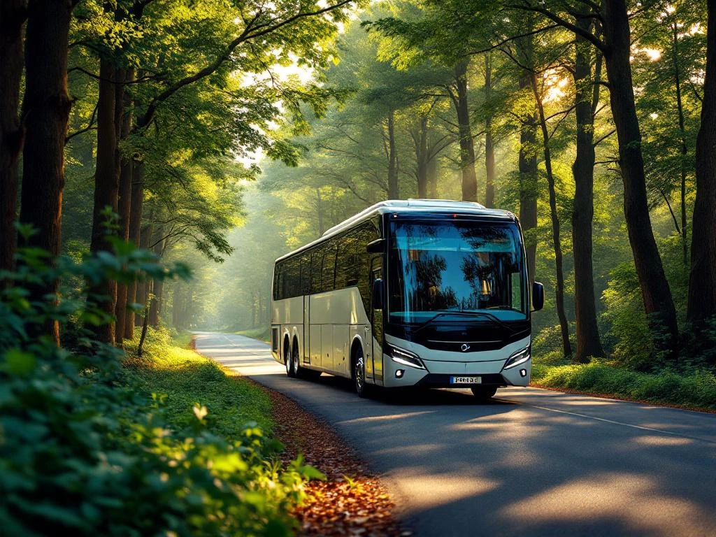 Moderne touringcar rijdt door bosweg in Nederlands platteland met dennenbomen en eikenbomen in gouden zonlicht