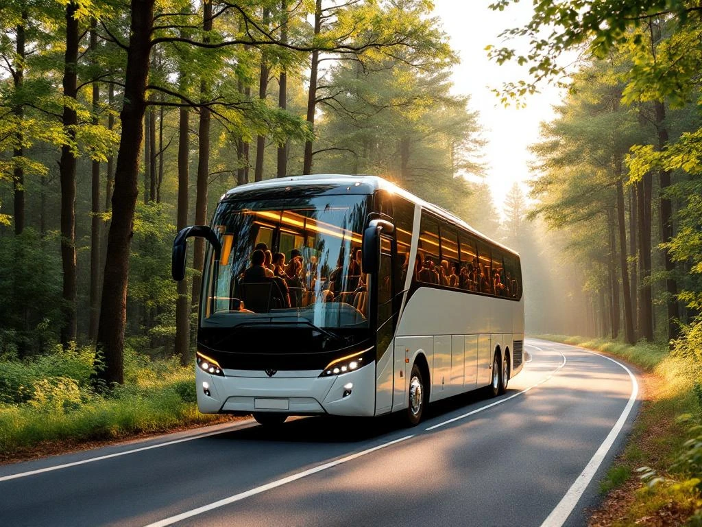 Moderne touringcar met panoramaramen rijdt door Nederlands bos met dennenbomen en eikenbomen in gouden zonlicht