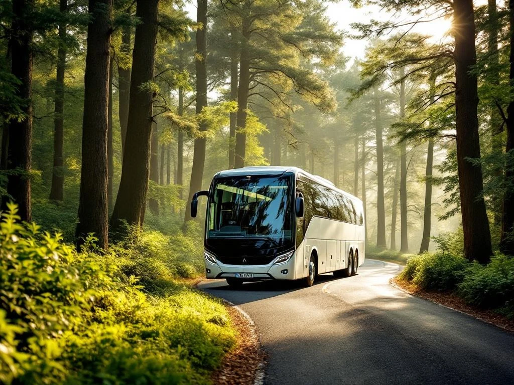 Moderne touringcar rijdt over bosweg door Nederlands platteland met hoge bomen en gefilterd zonlicht