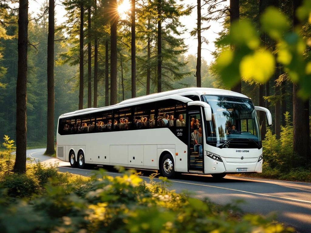 Witte touringcar met panoramaramen rijdt door Nederlands bos met dennenbomen en eikenbomen in gouden uurtje