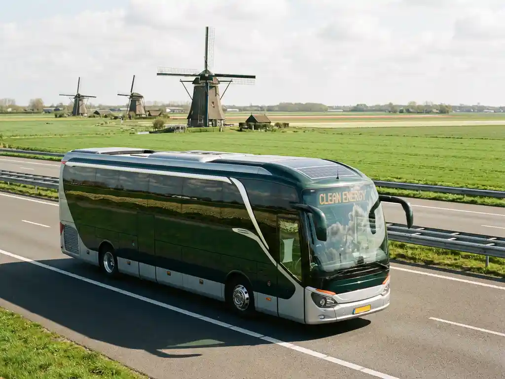 Moderne milieuvriendelijke touringcar rijdt over Nederlandse snelweg met windmolens en groene velden op de achtergrond