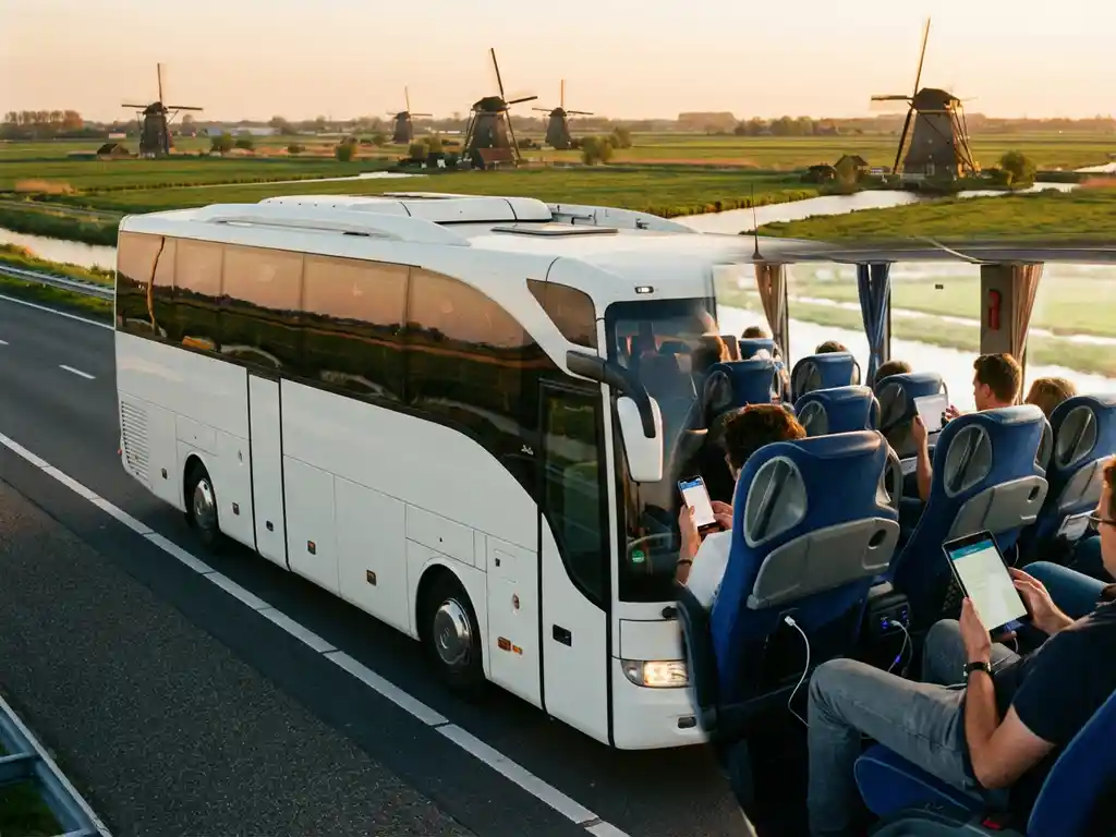 Moderne witte touringcar met panoramaramen rijdt over Nederlandse snelweg met windmolens en groene velden op achtergrond