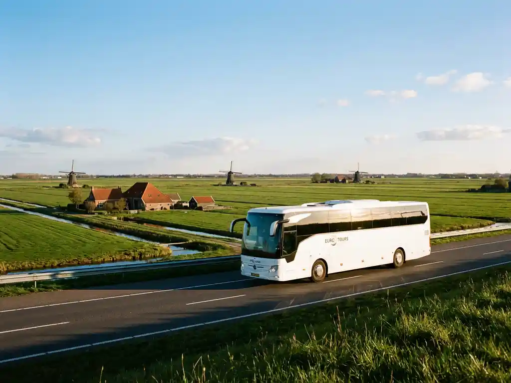 Witte touringcar rijdt over Nederlandse snelweg met windmolens, boerderijen en groene polders op de achtergrond