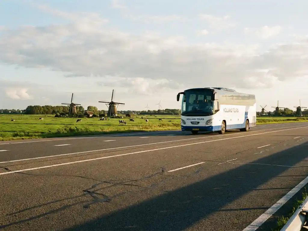 Moderne wit-blauwe touringcar rijdt over Nederlandse snelweg met windmolens en groene polders op de achtergrond