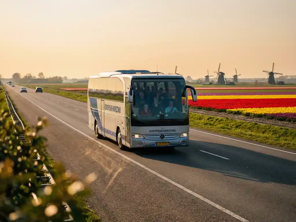 Moderne touringcar rijdt over Nederlandse snelweg met windmolens en tulpenvelden in achtergrond tijdens gouden uur