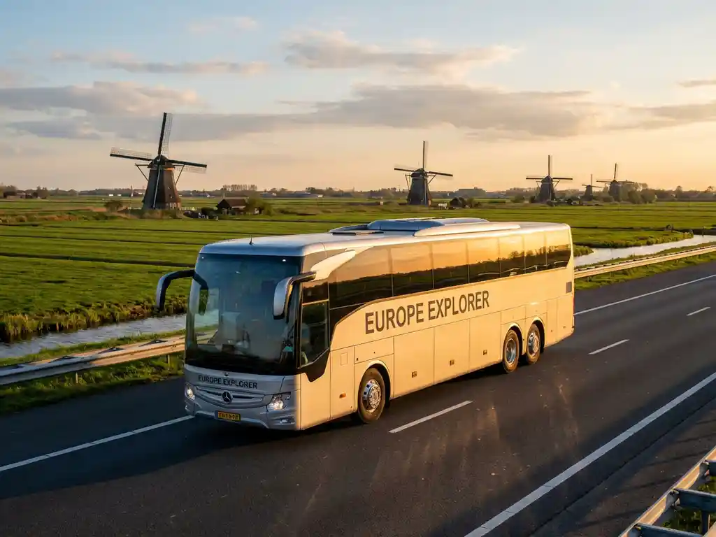 Moderne touringcar rijdt over Nederlandse snelweg met traditionele windmolens en groene polders op de achtergrond