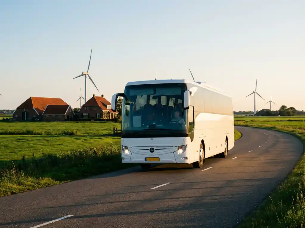 Grote witte touringcar rijdt door Nederlands polderlandschap met windmolens en boerderijen bij gouden uurtje