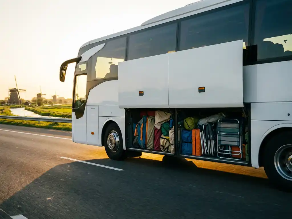 Witte touringcar met open bagageruimtes vol festivalspullen rijdt over Nederlandse snelweg met windmolens op achtergrond