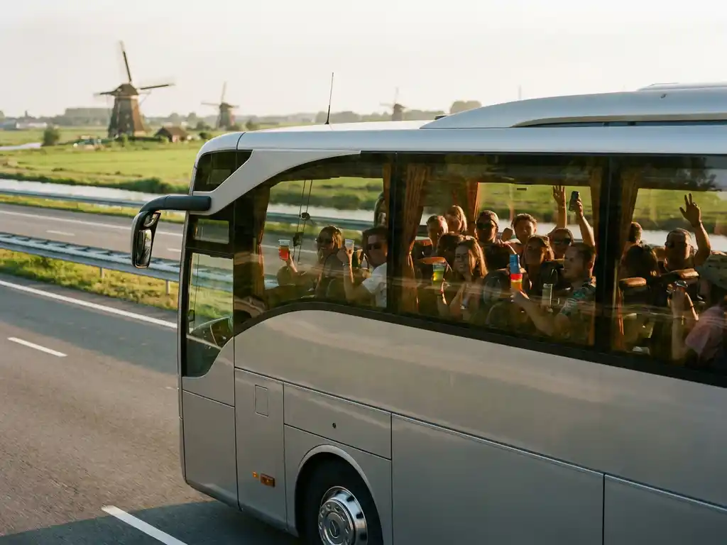 Moderne touringcar met feestgangers rijdt door Nederlands landschap met windmolens en groene velden in gouden zonlicht