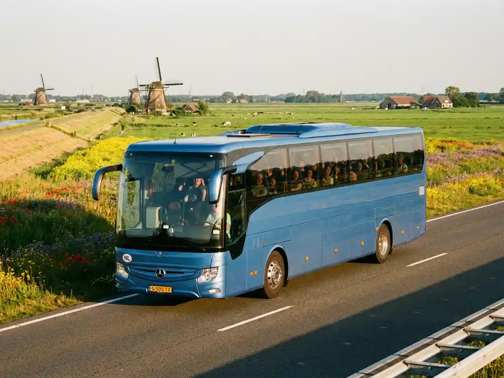 Grote touringcar rijdt over Nederlandse snelweg door Gelderland landschap met molens en groene velden in gouden zonlicht
