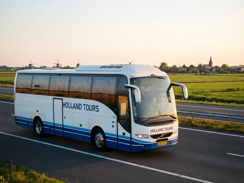 Witte en blauwe touringcar rijdt over Nederlandse snelweg met windmolens en groene polders op de achtergrond