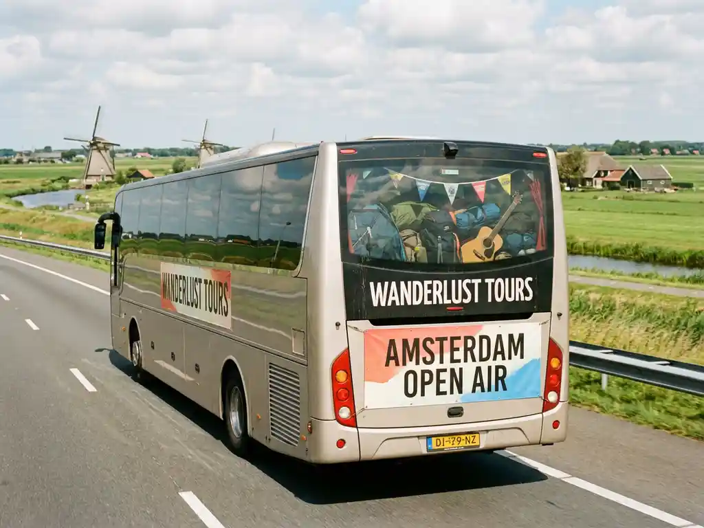 Moderne touringcar met 50 passagiers rijdt over Nederlandse snelweg met windmolens en groen landschap op achtergrond