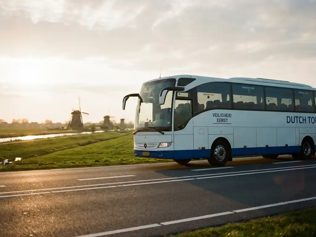 Moderne touringcar voor 50 passagiers rijdt over Nederlandse snelweg met windmolens en groene polders op achtergrond
