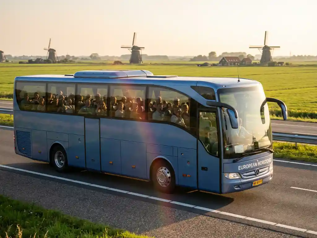 Grote moderne touringcar met panoramaramen rijdt over Nederlandse snelweg met windmolens en groene polders op achtergrond