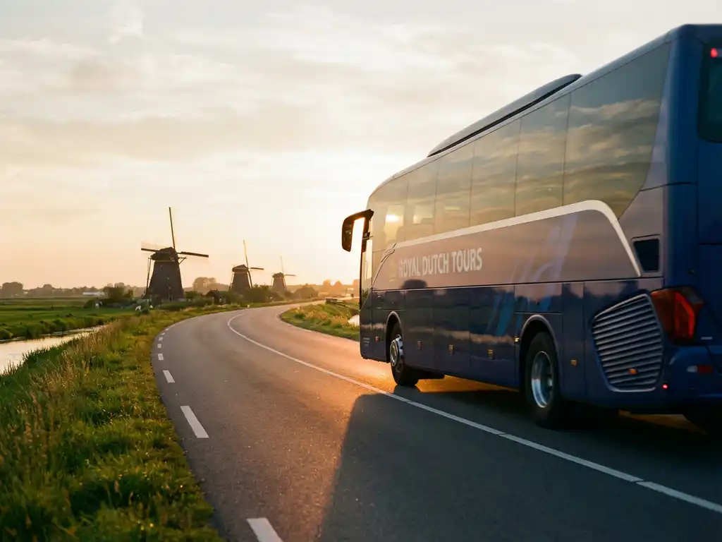 Moderne touringcar rijdt over Nederlandse snelweg met traditionele windmolens en groene polders op de achtergrond