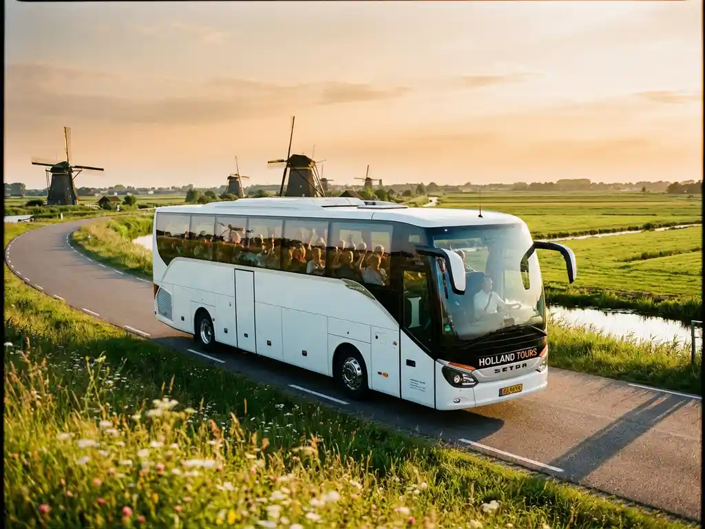 Witte touringcar met panoramaramen rijdt door Nederlands landschap met windmolens en groene polders
