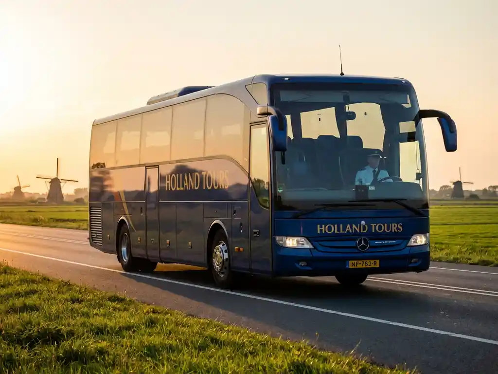 Moderne touringcar voor 50 passagiers rijdt over Nederlandse snelweg met traditionele windmolens en groene polders