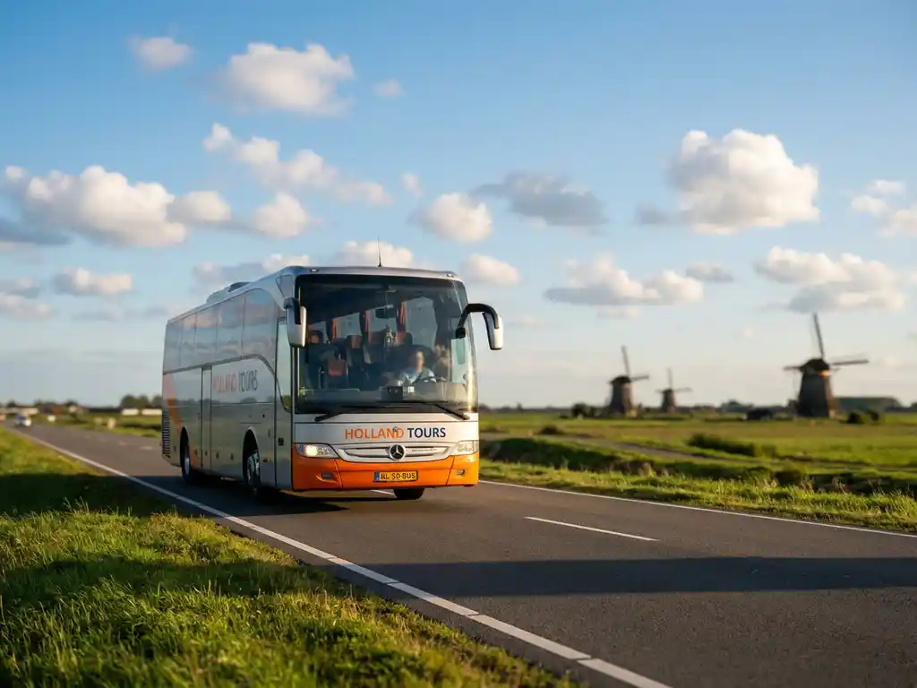 Moderne touringcar rijdt over Nederlandse snelweg met windmolens en groene polders op de achtergrond