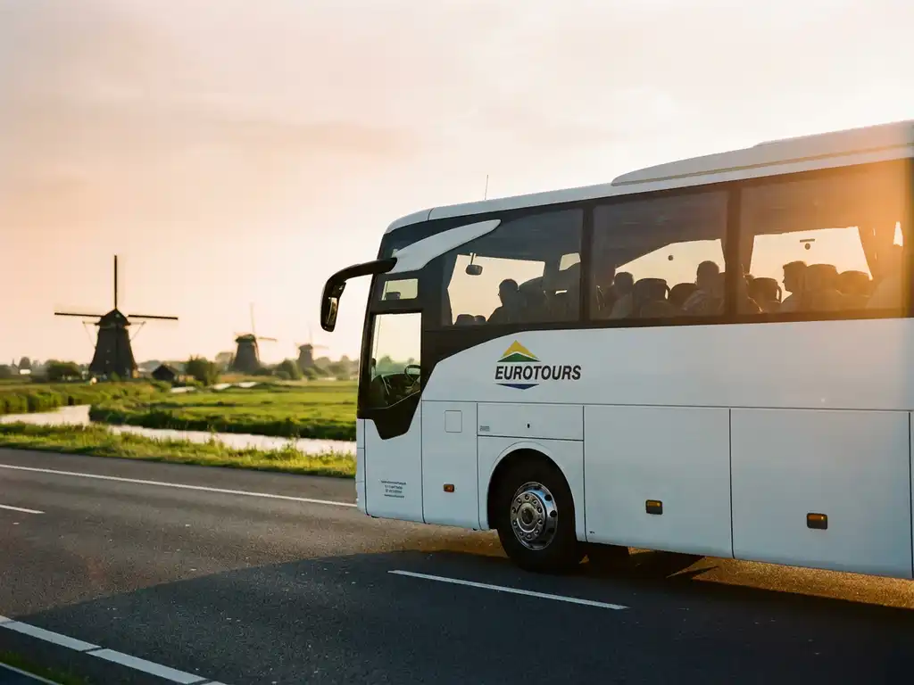 Moderne witte touringcar rijdt over Nederlandse snelweg met windmolens en groene polders op de achtergrond