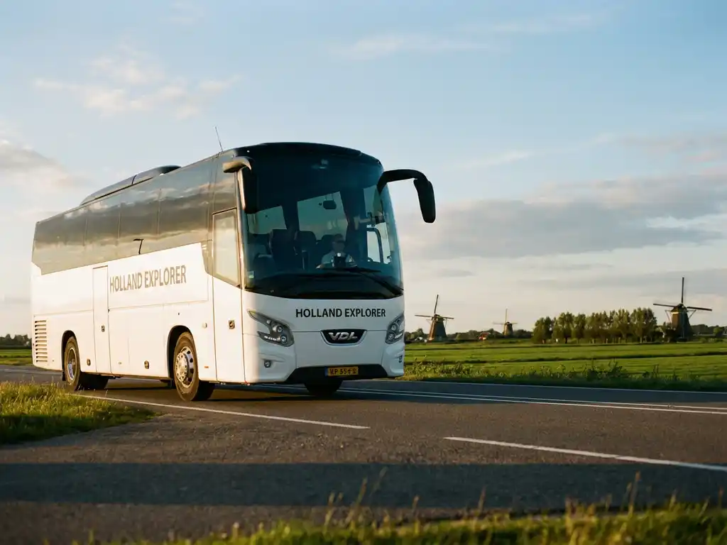 Grote witte touringcar rijdt over Nederlandse snelweg met windmolens en groene polders op de achtergrond