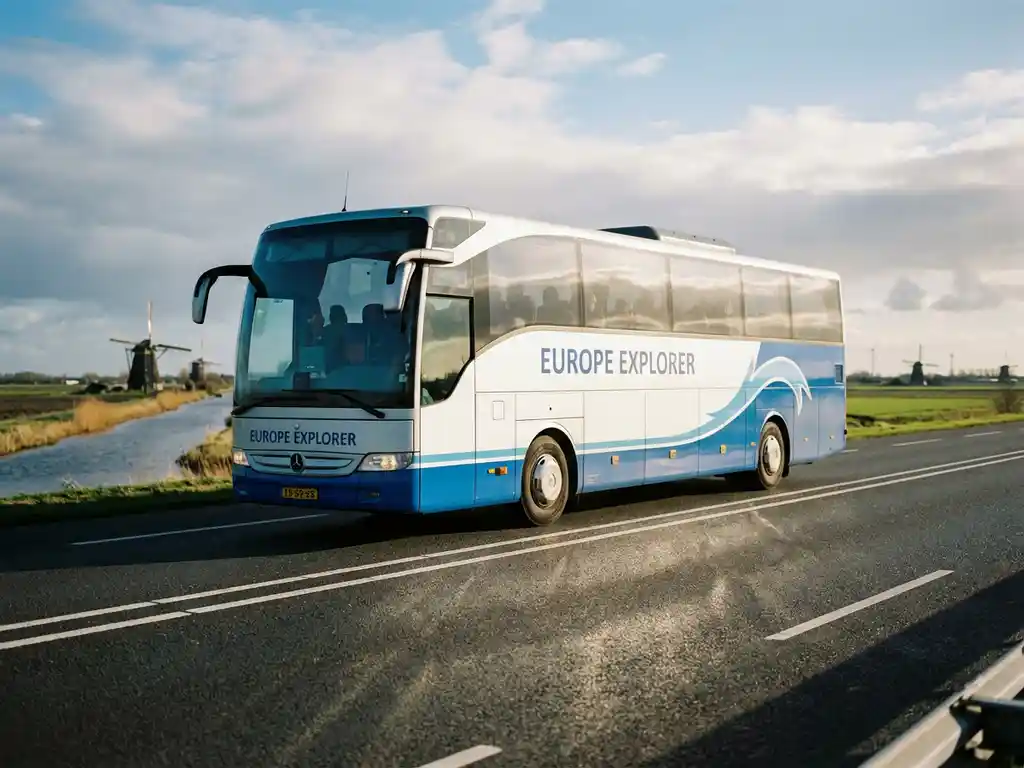 Moderne touringcar rijdt over Nederlandse snelweg met windmolens en groene polders op de achtergrond
