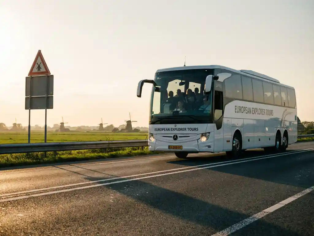 Witte touringcar rijdt over Nederlandse snelweg met groene velden en traditionele windmolens op de achtergrond