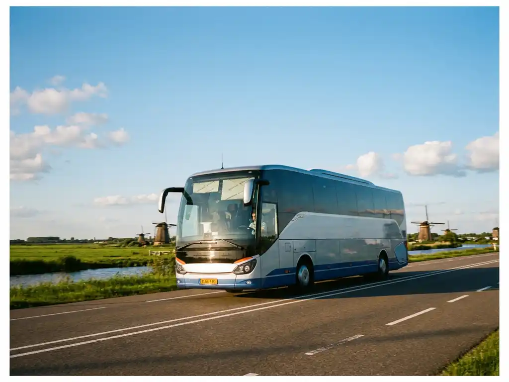Moderne touringcar rijdt over Nederlandse snelweg met windmolens en groene polders op de achtergrond