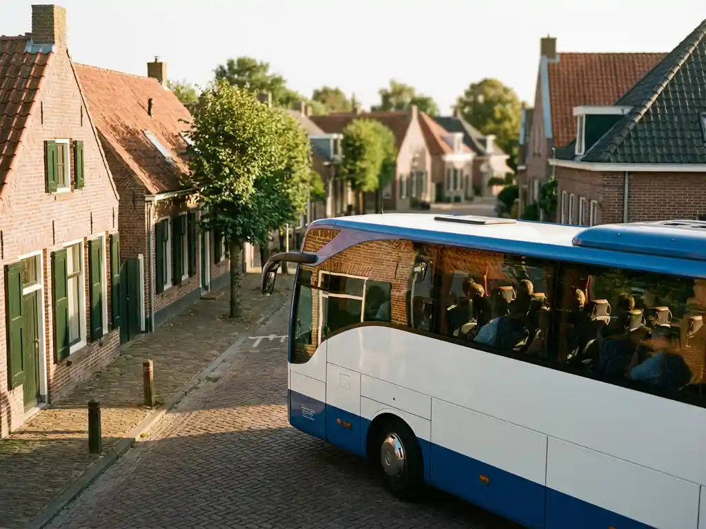 Moderne witte en blauwe touringcar met panoramaramen rijdt door traditionele Nederlandse dorpsstraat met bakstenen huizen