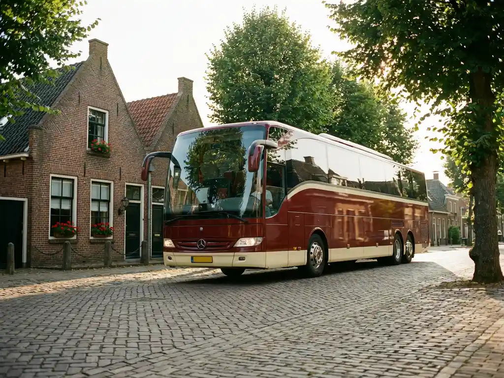 Luxe touringcar rijdt door pittoresk Nederlands dorp met traditionele bakstenen huizen en kasseienstraat