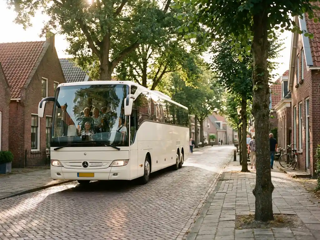 Witte touringcar met panoramaramen rijdt door pittoresk Nederlands dorp met bakstenen huizen en kasseienstraat