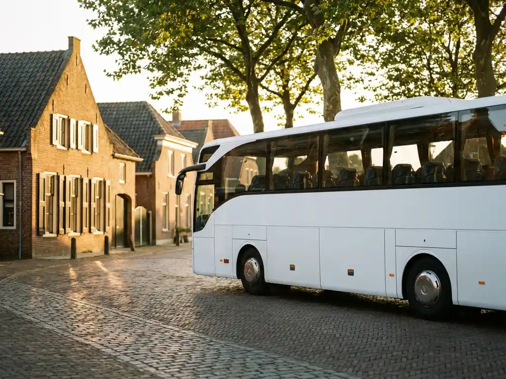 Witte touringcar rijdt door Nederlandse dorpsstraat met traditionele bakstenen huizen en groene bomen