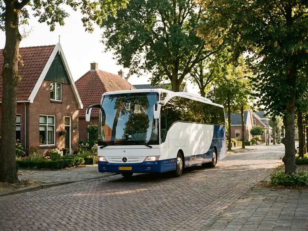 Witte en blauwe touringcar rijdt door Nederlandse dorpsstraat met traditionele bakstenen huizen en kasseien