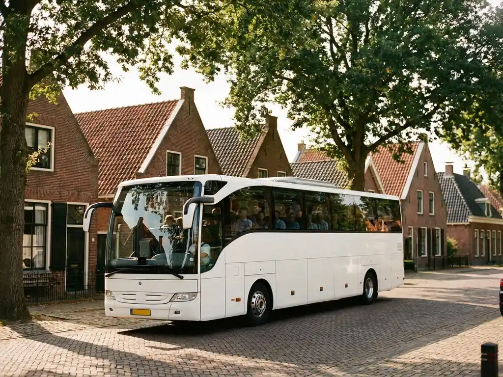 Witte touringcar met panoramaramen rijdt door Hollands dorp met kasseienstraat en traditionele bakstenen huizen