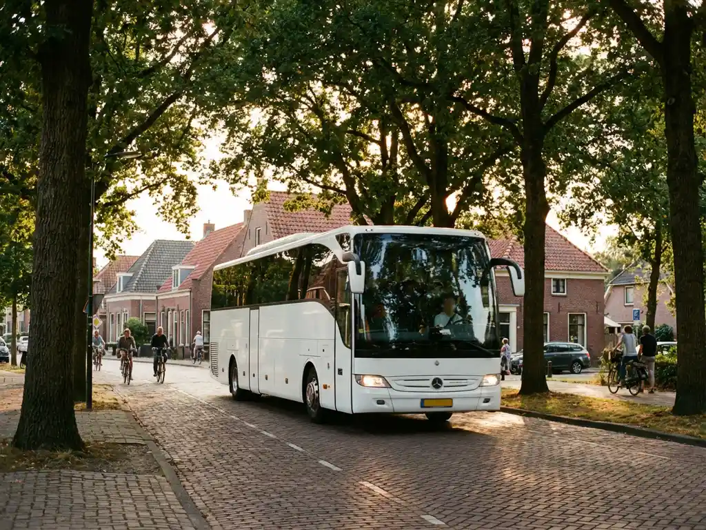 Witte touringcar met panoramaramen rijdt door Nederlands dorp met bakstenen huizen en eikenbomen