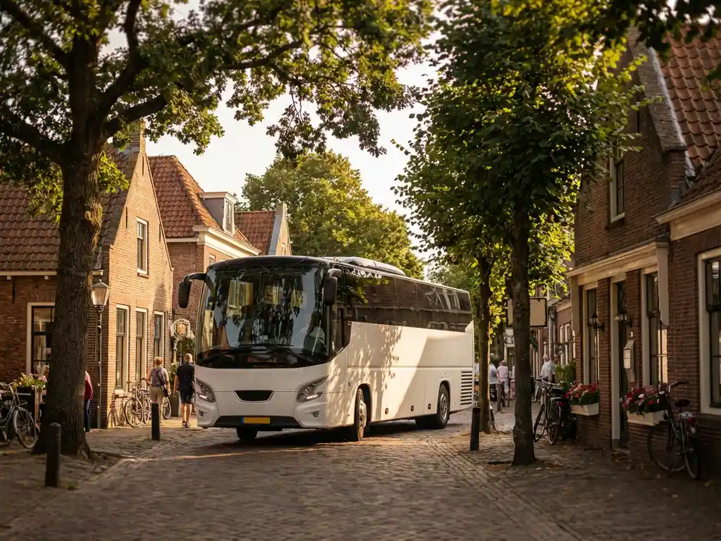 Witte touringcar rijdt door pittoresk Nederlands dorp met bakstenen huizen, kinderkopjes en schaduwrijke bomen