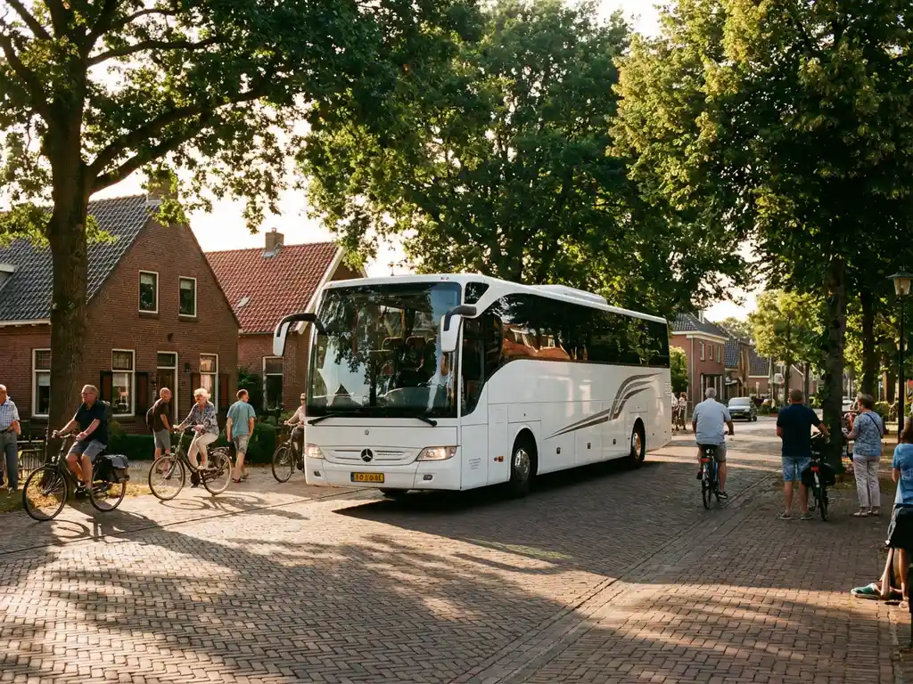 Witte touringcar rijdt door boomrijke Nederlandse dorpsstraat met traditionele bakstenen huizen en rode pannendaken