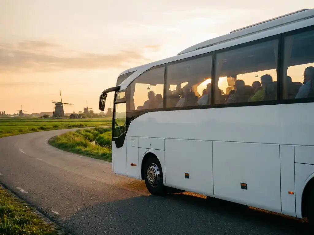 Moderne witte touringcar met panoramaramen rijdt door Nederlands landschap met traditionele windmolens en groene polders