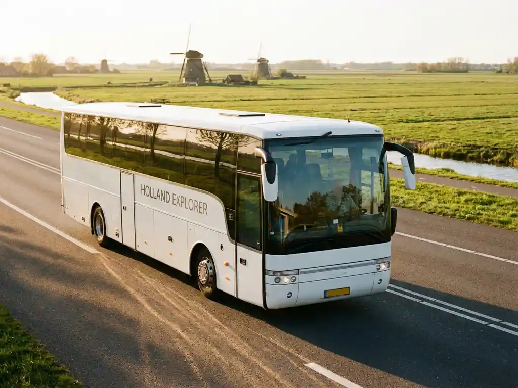 Witte touringcar met panoramaramen rijdt over Nederlandse snelweg met windmolens en groen landschap op achtergrond