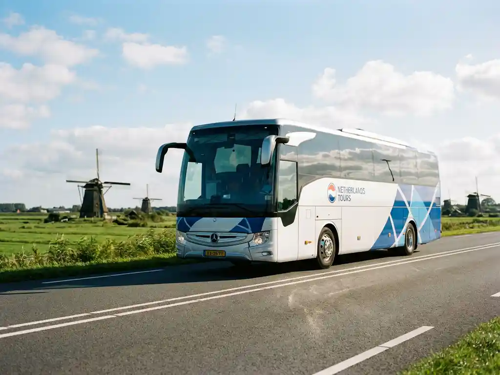 Moderne touringcar met 50 zitplaatsen rijdt over Nederlandse snelweg met windmolens op de achtergrond
