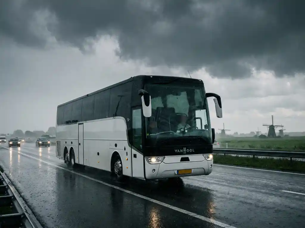 Witte touringcar rijdt over natte Nederlandse snelweg tijdens regenstorm met windmolens op achtergrond