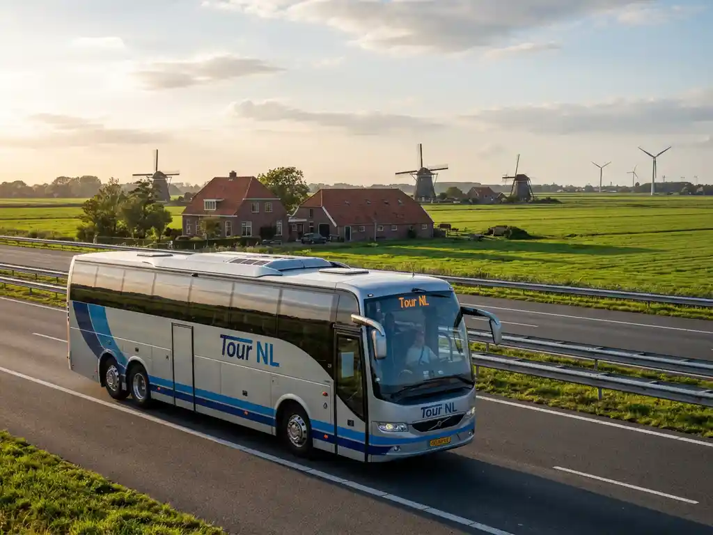 Grote moderne touringcar rijdt over Nederlandse snelweg met traditionele boerderijen en windmolens op de achtergrond