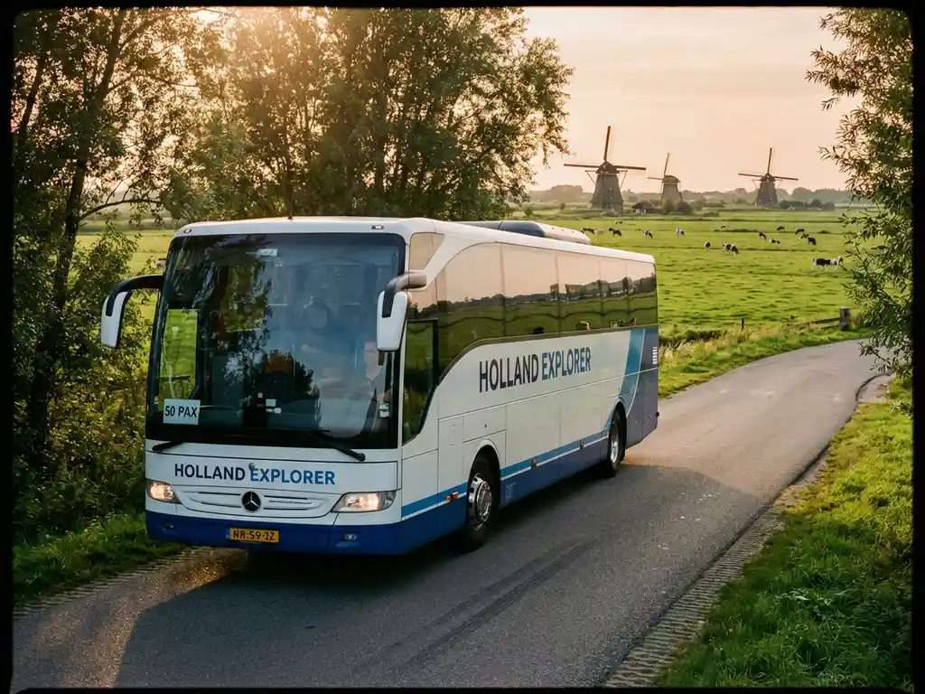 Moderne touringcar rijdt door Nederlands landschap met traditionele windmolens en groene velden op de achtergrond
