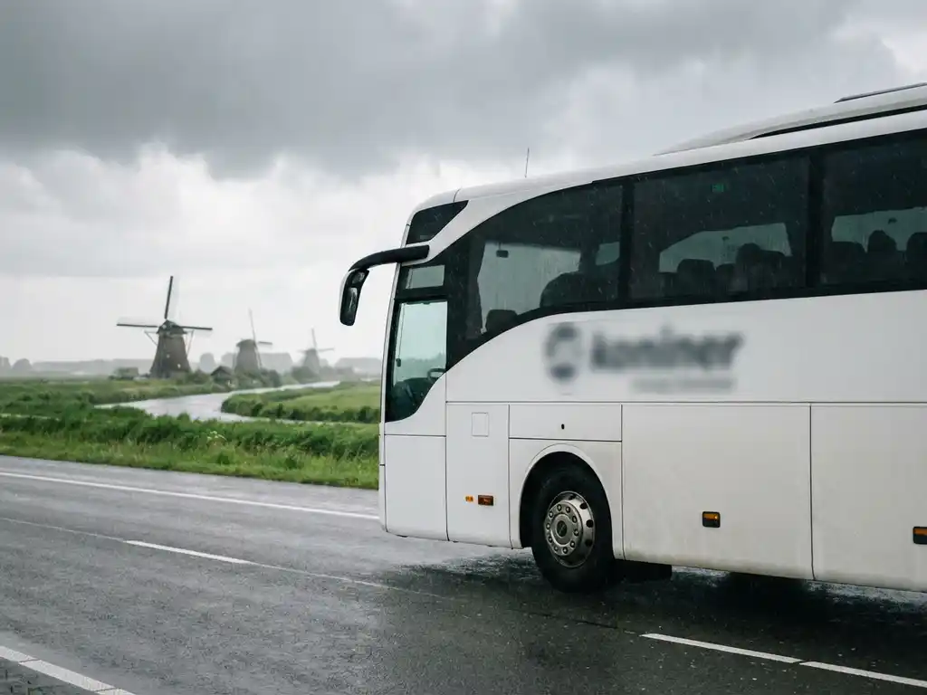 Witte touringcar rijdt over Nederlandse snelweg met traditionele windmolens en groene polders op de achtergrond