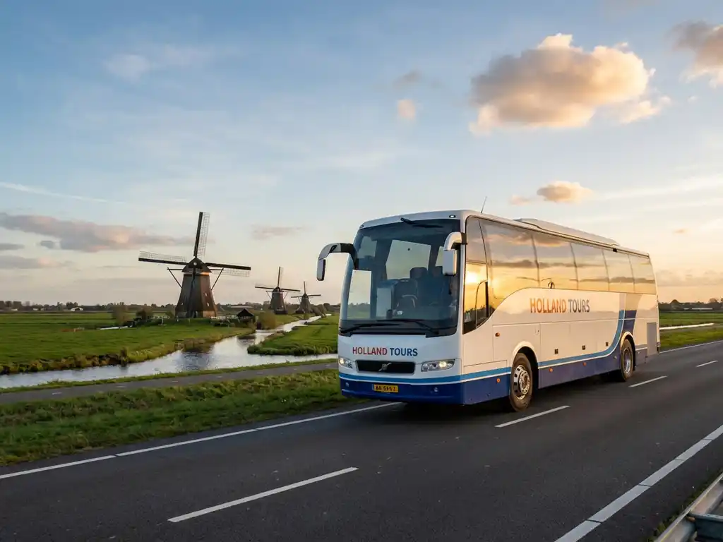 Moderne touringcar met panoramaramen rijdt over Nederlandse snelweg met traditionele windmolens en groene polders